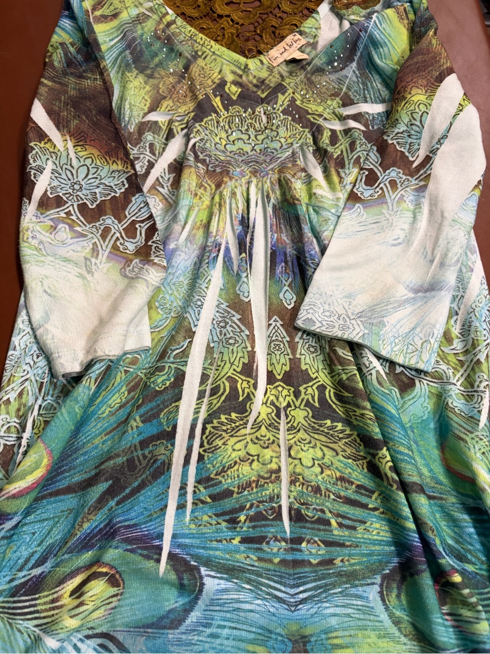 live and let live Green Teal and Brown Printed Tunic